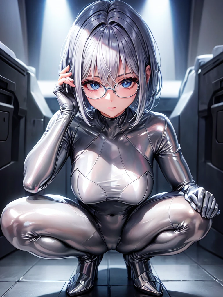 Highest quality 8K UHD、Mastepiece、Close-up、short hair、Blue Eyes、Squatting with legs apart、Open legs、Silver Hair、Glasses、A beautiful woman wearing a tight silver metallic suit、Full body silver metallic rubber suit