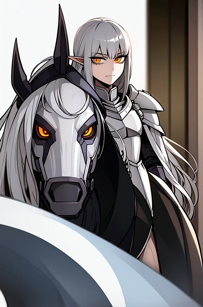 male half elf knight, full body art, silver hair, white skin, red iris eye, knight full plate adorned armor, silver cape, perfectly detailed, mounted on a armored horse