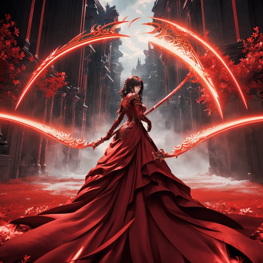 a woman in a red dress holding a large red scythe, will tear the fallen blood, intricate ornate anime cgi style, beautiful fantasy anime, magical atmosphere + work of art, in a red dream world, unlimited blade works, red magic surrounds her, red and cinematic lighting, epic anime art, epic anime shot 8k hd, 2. anime fantasy art 5 d cgi