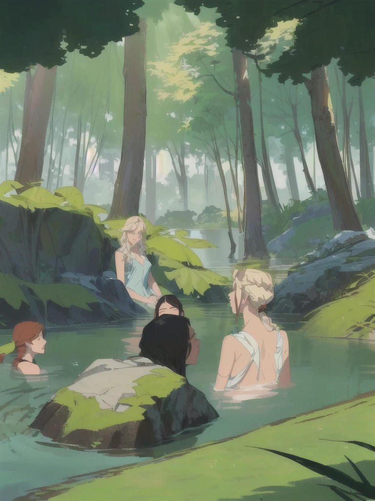 a group of 4 people bathing in a lake,1 woman, 3 men, crystal clear water, lush green trees surrounding the lake, warm sunlight filtering through the leaves, peaceful and serene atmosphere, detailed facial features, realistic skin textures, wet clothing and hair, splashing water effects, high quality 8k resolution, photorealistic, vibrant colors, natural lighting, masterpiece