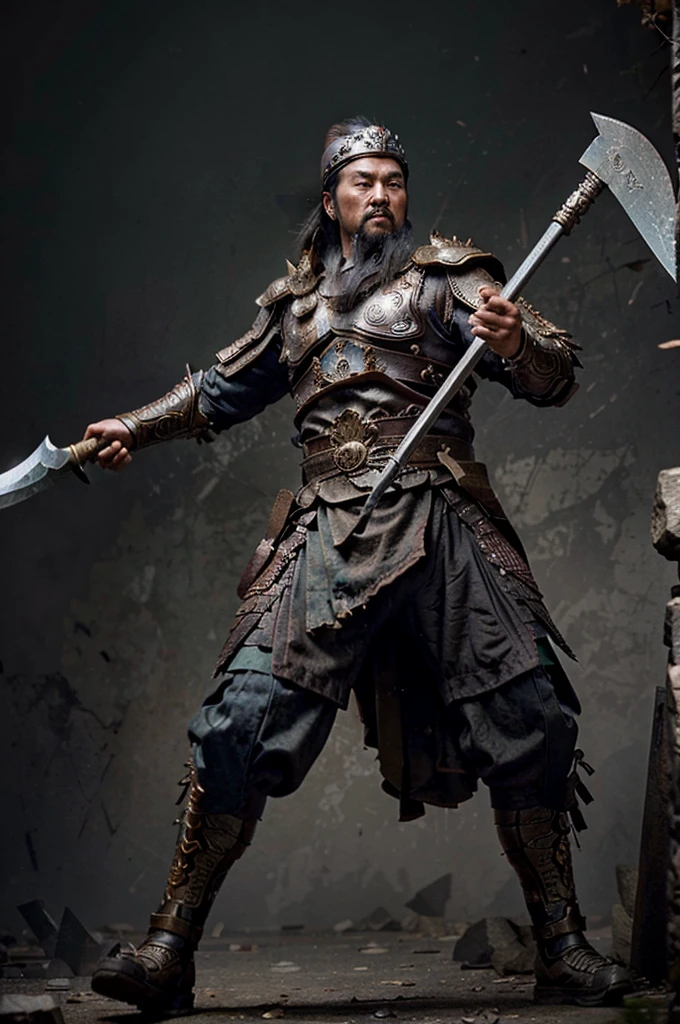 an ancient chinese warrior holding a silver axe