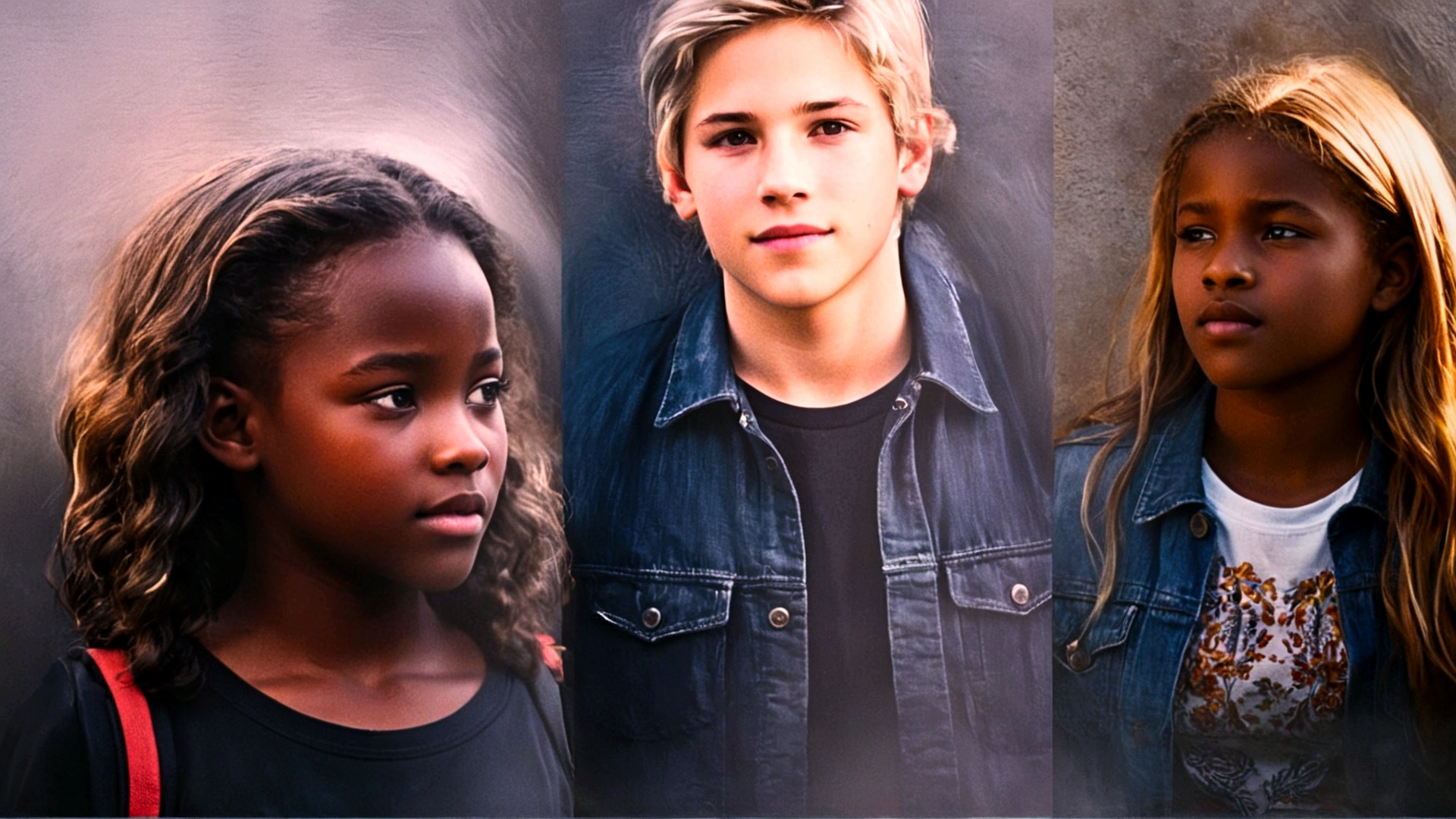 3 characters, 2 female, one white with blonde hair similar to Jon Bom Jove, the other with dark skin and a white boy similar to Bom Jove, the white girl is , the dark girl is 15 years old is 15 years old.