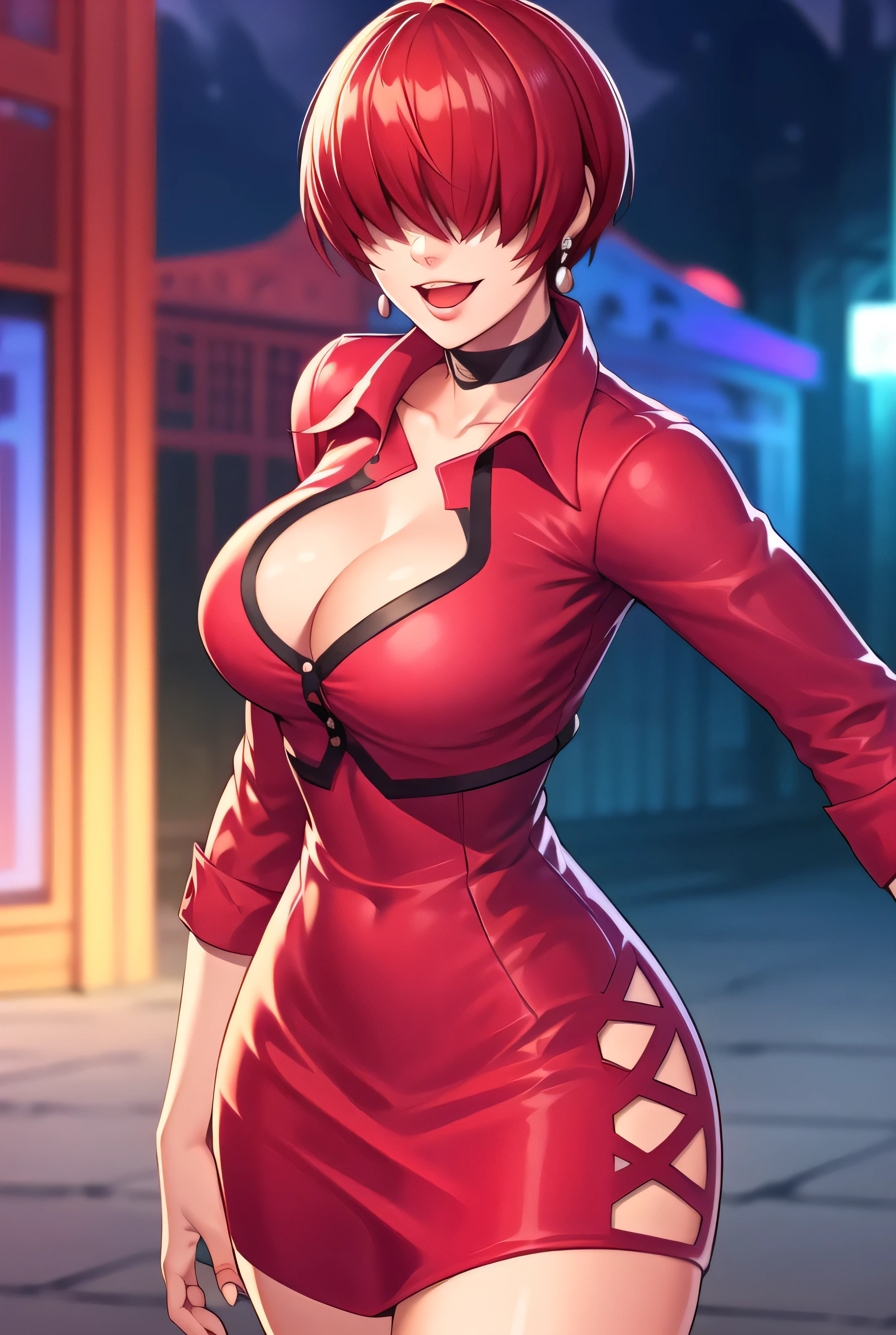 (night),in a video game scene with a neon background and a neon light,
Standing at attention,
Red outfit,Red jacket,choker, cleavage cutout, clothing cutout,
earrings,
Red hair,bangs,((hair over eyes)),
1 girl, 20yo,Young female,Beautiful Finger,Beautiful long legs,Beautiful body,Beautiful Nose,Beautiful character design, evil face,
looking at viewer,(Focus on her face),open mouth,too evil_Smile,
official art,extremely detailed CG unity 8k wallpaper, perfect lighting,Colorful, Bright_Front_face_Lighting,shiny skin,
(masterpiece:1.0),(best_quality:1.0), ultra high res,4K,ultra-detailed,
photography, 8K, HDR, highres, absurdres:1.2, Kodak portra 400, film grain, blurry background, bokeh:1.2, lens flare, (vibrant_color:1.2),professional photograph,
(Beautiful,large_Breasts:1.4), (beautiful_face:1.5),(narrow_waist),conceitsmile worst,worst ridecule,evil moukery,conceit,hand on hip,upper body