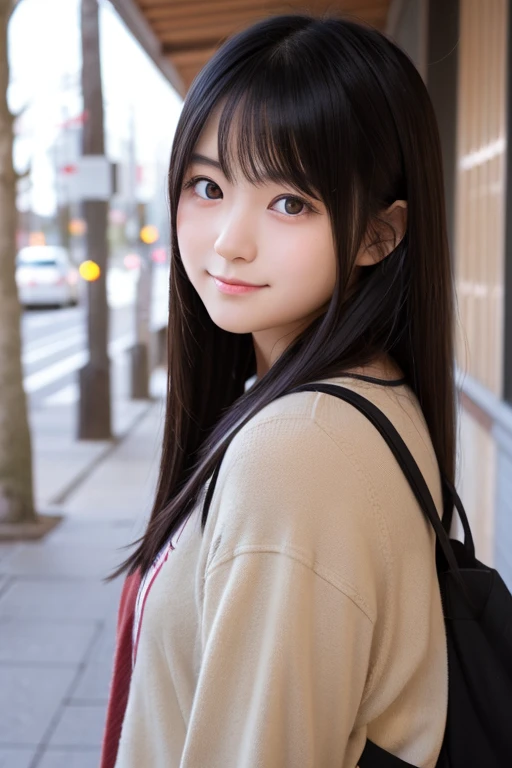 Create an image of a 19-year-old Japanese female university student. She has big, cute eyes and long, straight black hair. She is facing the camera directly with a sweet and charming expression. The background should be neutral to highlight her features.