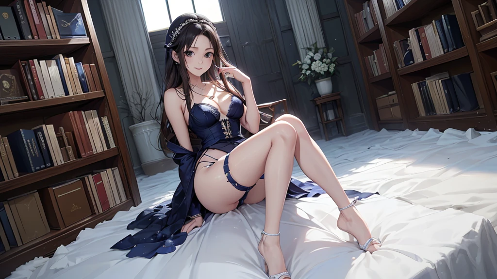 ((Biologically correct limb count))、((Full Body Shot, Full-body photo including face、Head to toe photos))、4K、masterpiece、((Focus on the face))、((Symmetrical facial features))、Eyes of meticulous depiction、One beautiful woman、Excellent style、（(Panties and bras、Garter belt and garter stockings、High heels)）、Detailed Description、Small earrings、necklace、Low - Angle、Looking up、The moment she lowered her pants in a navy blue wedding dress、(((足のBook数は２Book)))、Posing in the snow、smile