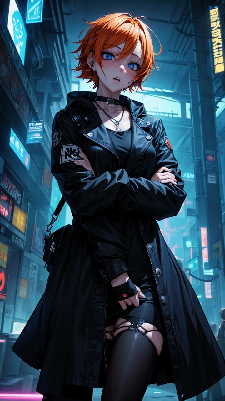 Anime, girl, rave, blue eyes, orange hair, embarrassment, sexy expression, ahegao,horny, nswf, strong shadows under the eyes, bags under the eyes, ahegao, piercing. Noir, Gothic, cyberpunk.