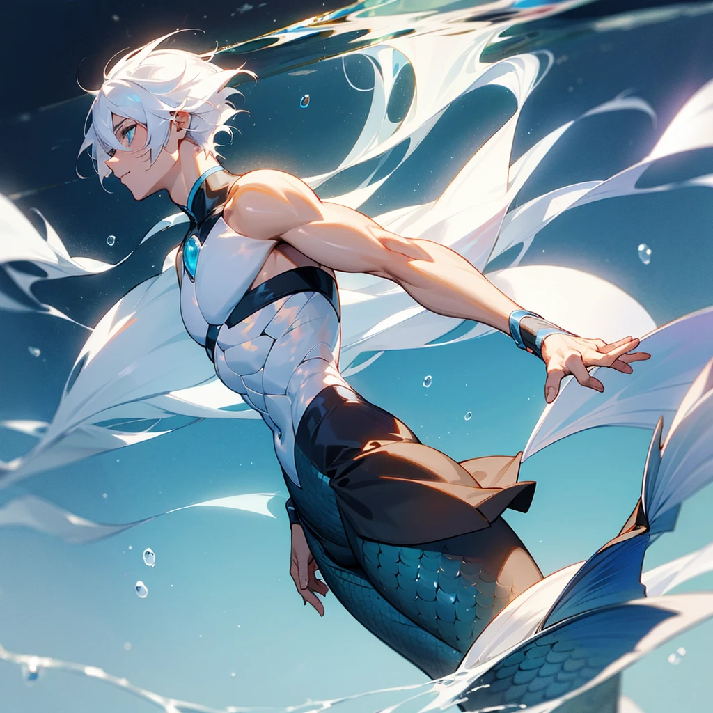 A human male with white hair and a mermaid woman 