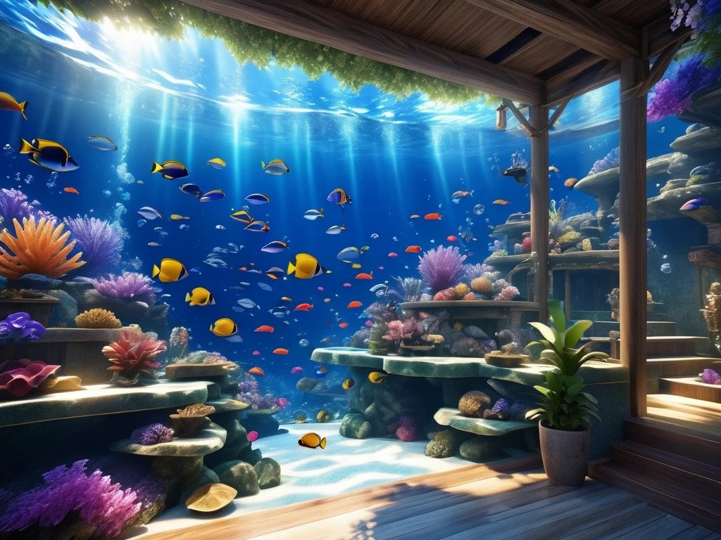(Panorama, center, masterpiece, Highest quality: 1.2), (8K、RAW Photos、Highest quality、look up:1.2、masterpiece:1.2、Genuineistic、Ultra-high resolution、High Contrast、Photon Mapping、Genuine、Very detailed、Official Art, RAW Photos、professional Lighting、 Light、Vivid atmosphere、twiceLight) , Sea,々The bubbles are bubbling。Different types、Colorful tropical fish swimming。サンゴやIn the water植物を見ることができます。Even if it is'In the water、As if you were on the ground。Captivating natural beauty,Shining Star Fragment, An atmosphere that exudes the excitement of adventure。A happy and fun atmosphere。High Fantasy Worldview, A magnificent composition and beautiful depiction of proportions, Guardian nebula of rainbow light and silvery vapor, Corrosion Surrounding Ray Family Color, Slimy air,