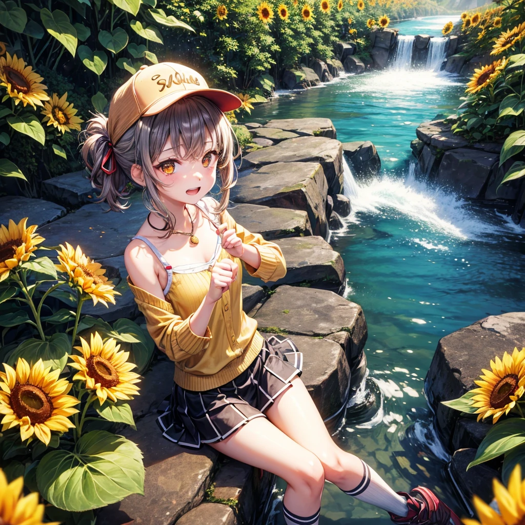 Red, brown, gold, gold hair、Golden Eyes、Hair tied up、One good looking girl、solo、anime、Checkered mini skirt、Ruffles on the skirt、camisole、Lightweight cardigan、Black knee-high socks、Wearing a baseball cap、Ribbon、Ribbon on waist、Teeth are visible、Silver coin necklace、shine、From above、Sparks are flying、Sunflower Tunnel、Cobblestones、waterfall、Clear Stream、Sunflower field、Have sunflowers、Midnight Moon、Winding Road、Unlocking