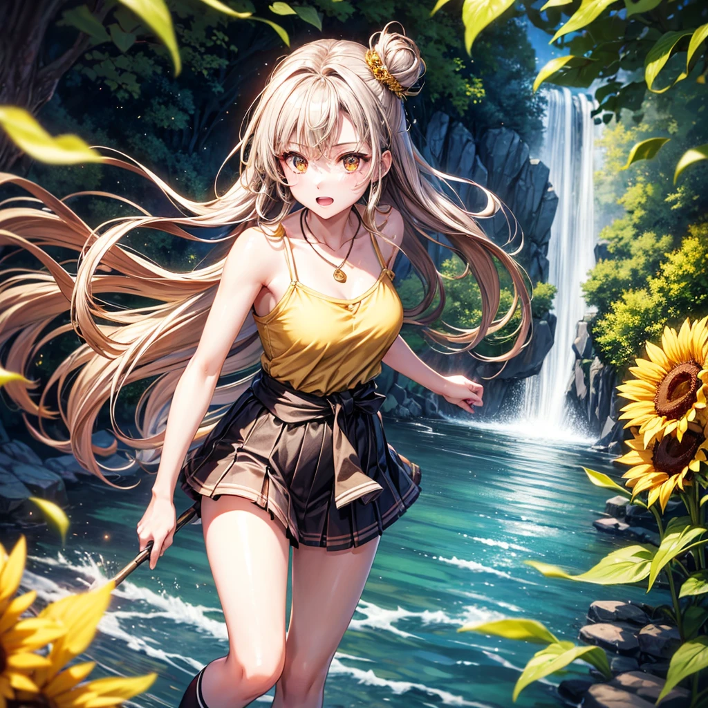 Red, brown, gold, gold hair、Golden Eyes、Hair tied up、One good looking girl、solo、anime、Checkered mini skirt、Ruffles on the skirt、camisole、Lightweight cardigan、Black knee-high socks、Wearing a baseball cap、Ribbon、Ribbon on waist、Teeth are visible、Silver coin necklace、shine、From above、Sparks are flying、Sunflower Tunnel、Cobblestones、waterfall、Clear Stream、Sunflower field、Have sunflowers、Midnight Moon、Winding Road、Unlocking