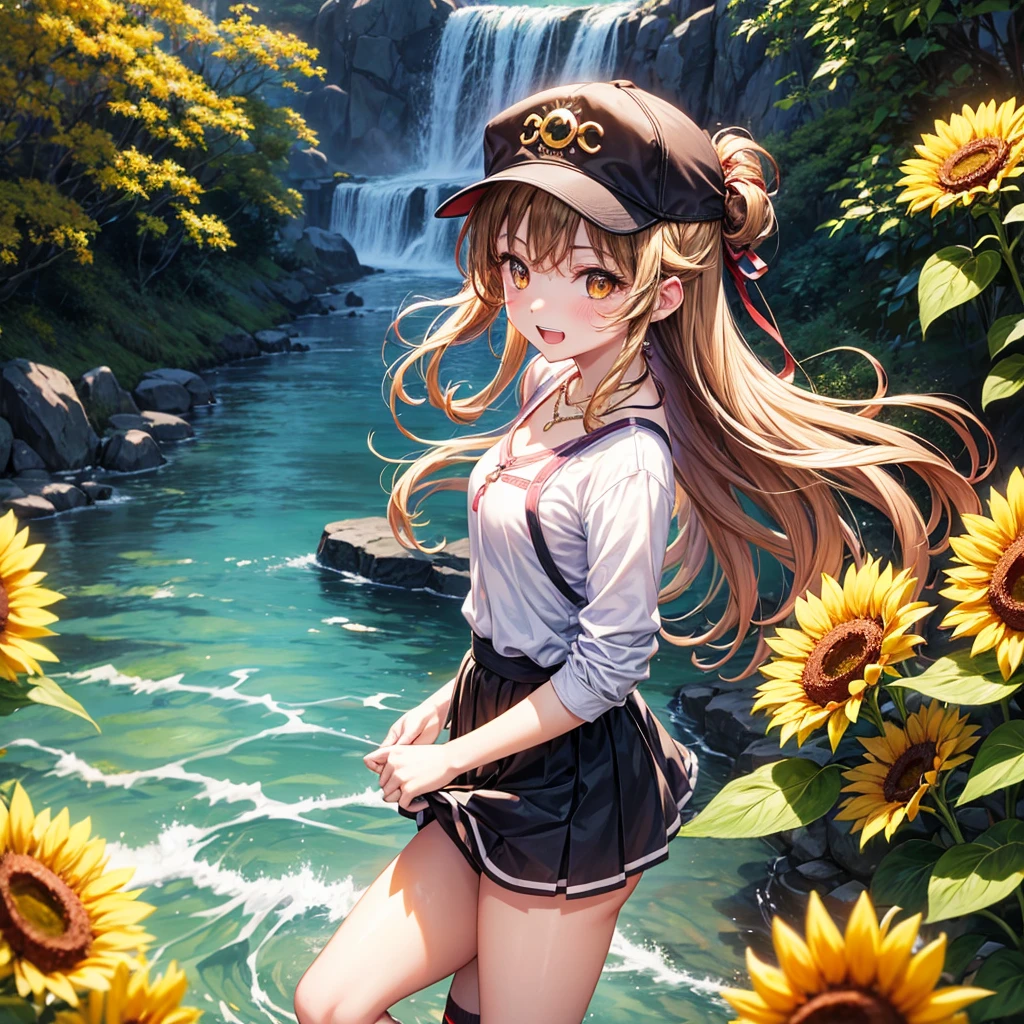 Red, brown, gold, gold hair、Golden Eyes、Hair tied up、One good looking girl、solo、anime、Checkered mini skirt、Ruffles on the skirt、camisole、Lightweight cardigan、Black knee-high socks、Wearing a baseball cap、Ribbon、Ribbon on waist、Teeth are visible、Silver coin necklace、shine、From above、Sparks are flying、Sunflower Tunnel、Cobblestones、waterfall、Clear Stream、Sunflower field、Have sunflowers、Midnight Moon、Winding Road、Unlocking