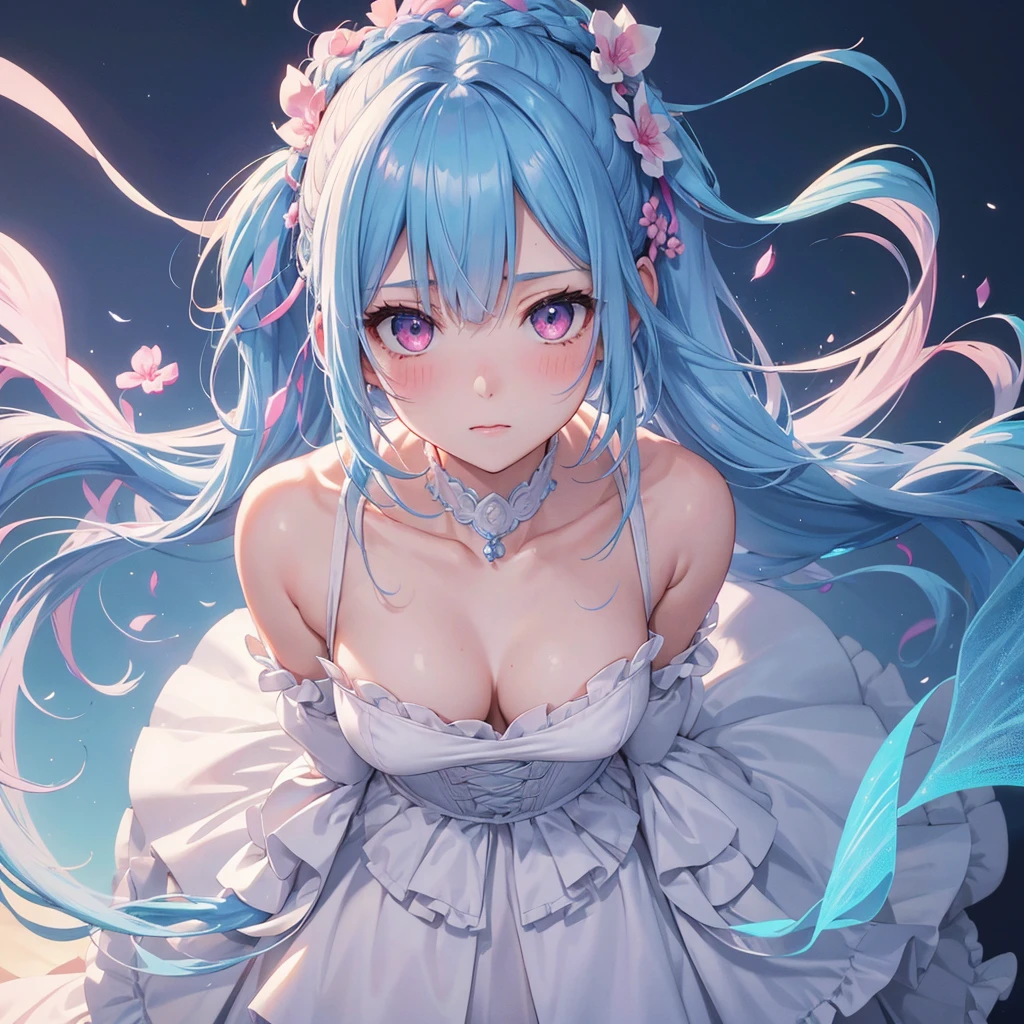 sky Blue hair, (braided ponytail),(pink eyes),fair skin ,(full body),(1 girl),bride,blush,Straight Bangs, June Bride,Wedding dress,(masterpiece, best quality, ultra-detailed, best shadow), (detailed background), (beautiful detailed face), high contrast, (best illumination, an extremely delicate and beautiful), ((cinematic light)), colorful, hyper detail, dramatic light, intricate details,
