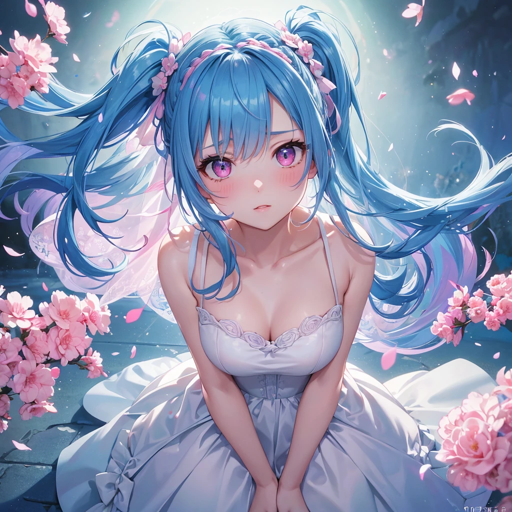 sky Blue hair, (braided ponytail),(pink eyes),fair skin ,(full body),(1 girl),bride,blush,Straight Bangs, June Bride,Wedding dress,(masterpiece, best quality, ultra-detailed, best shadow), (detailed background), (beautiful detailed face), high contrast, (best illumination, an extremely delicate and beautiful), ((cinematic light)), colorful, hyper detail, dramatic light, intricate details,