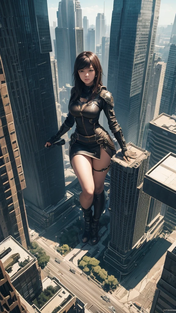 The giant girl wields a hammer and destroys the city,Girl sitting on a building,A giant woman in a lying on top of a cyberpunk city, Wear short skirts,Little guys running around the giant girl,The little person panicked and ran away,Many cars pass by, Standing on her hand, cgsociety 9, 2. 5 d cgi fantasy art, engine rendering unreal + a goddess, full body cgsociety, artgerm ; Hyper realistic 3d content, giant art, super detailed 3d matte paintings, super detailed 3d matte paintings, realistic fantasy art, realistic 3 d anime style. Beautiful girl. Big thighs."The boy stood on the top of a high-rise building waving to the girl". Color ultra 4k.The little person panicked and ran away.Giant attack.