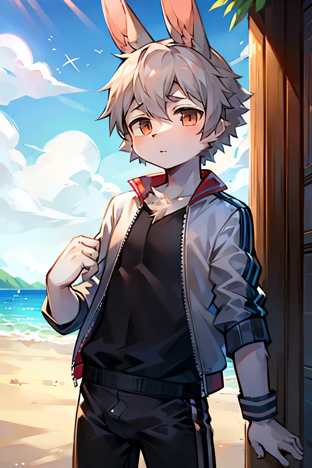 bunny boy,Rabbit with long ears,furry men,Characteristics of three-year-old boy,Gray hair,Short stature,Summer short sleeves with jacket,