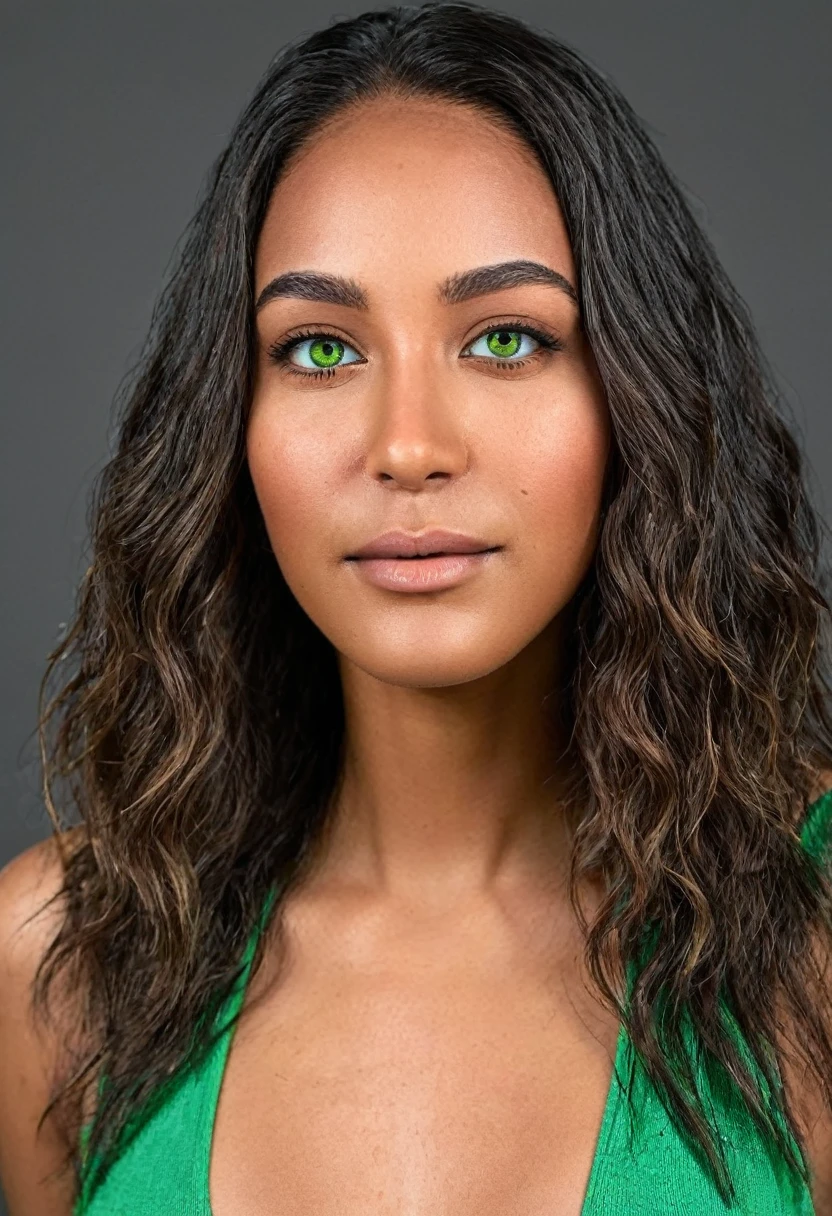 A beautiful woman, beautiful Latin face, young Brazilian Nyvi Estephan, Brazilian supermodel, serene and elegant beauty, Angolan descent, young adult 30 years old, nerdy woman, tall woman, a stunning black woman, with indigenous features, beautiful indigenous girl, native Brazilian, ((A European ebony indigenous African girl)), ((her beauty is undeniable)), beautiful young dark skinned ebony, tanned Mexican, long blue hair, straight blue hair, asymmetrical cut can add a modern and stylish touch . has an exotic beauty with beautiful green eyes, green realistic eyes, bright green eyes, ultra detailed green eyes, ultra realistic green eyes, natural green eyes, ultra detailed iris, perfect eyes, perfect iris, hyper realistic eyes, eyeliner, long eyelashes and defined, penetrating gaze that conveys confidence, striking, powerful expression, strong presence, striking makeup, full, voluminous lips, seductive lips, captivating, striking, unforgettable, dazzling, mischievous smile, wide smile, your features are captivating, subtle smile on your lips , beautiful and detailed face, detailed skin texture, Notice her perfectly shaped eyebrows, which arch gracefully above her eyes, small nose that is proportionate to her face, and soft contour of her face that accentuates her high cheekbones. Beautiful and glowing skin, intricate details, smooth skin, healthy and radiant appearance, Attractive slim woman, Average bust, Average and beautiful breasts, athletic physique, flat stomach, slim waist, huge hips, wide hips, big ass, thick thighs, legs shapely concept art .3D 4k, high resolution, full sharpness photo realistic, breathtaking, Lentille nette, Photographie professionnelle, Objectif 70mm, Unreal Engine 5, wallpaper, colorful, art, (Hdr: 1.5), hyper-detailed, (ArtStation: 1.5) rich color, hyper-realistic, realistic texture, (dramatic lighting), Cinestill 800