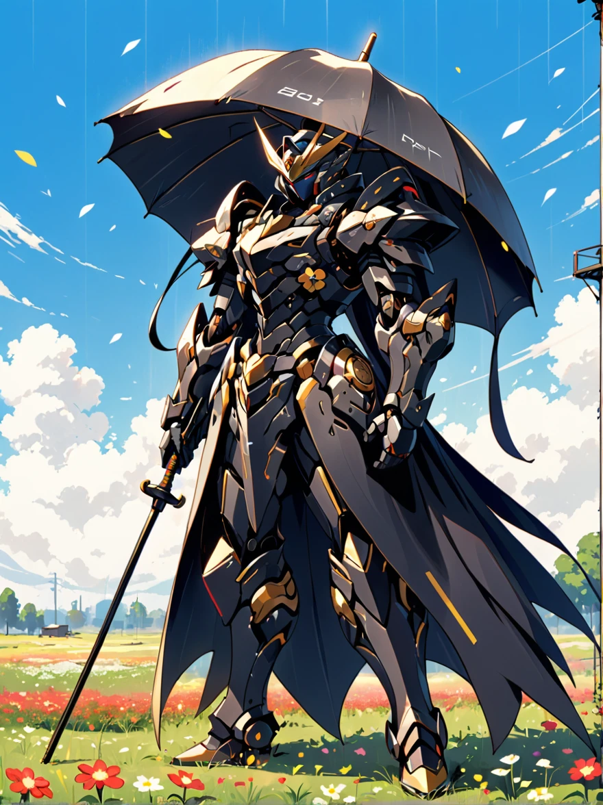 A black mech stands on a meadow full of flowers，Holding an umbrella，Lower your head，The whole scene looks dilapidated.，Loneliness，War