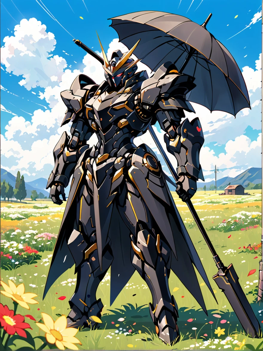 A black mech stands on a meadow full of flowers，Holding an umbrella，Lower your head，The whole scene looks dilapidated.，Loneliness，War