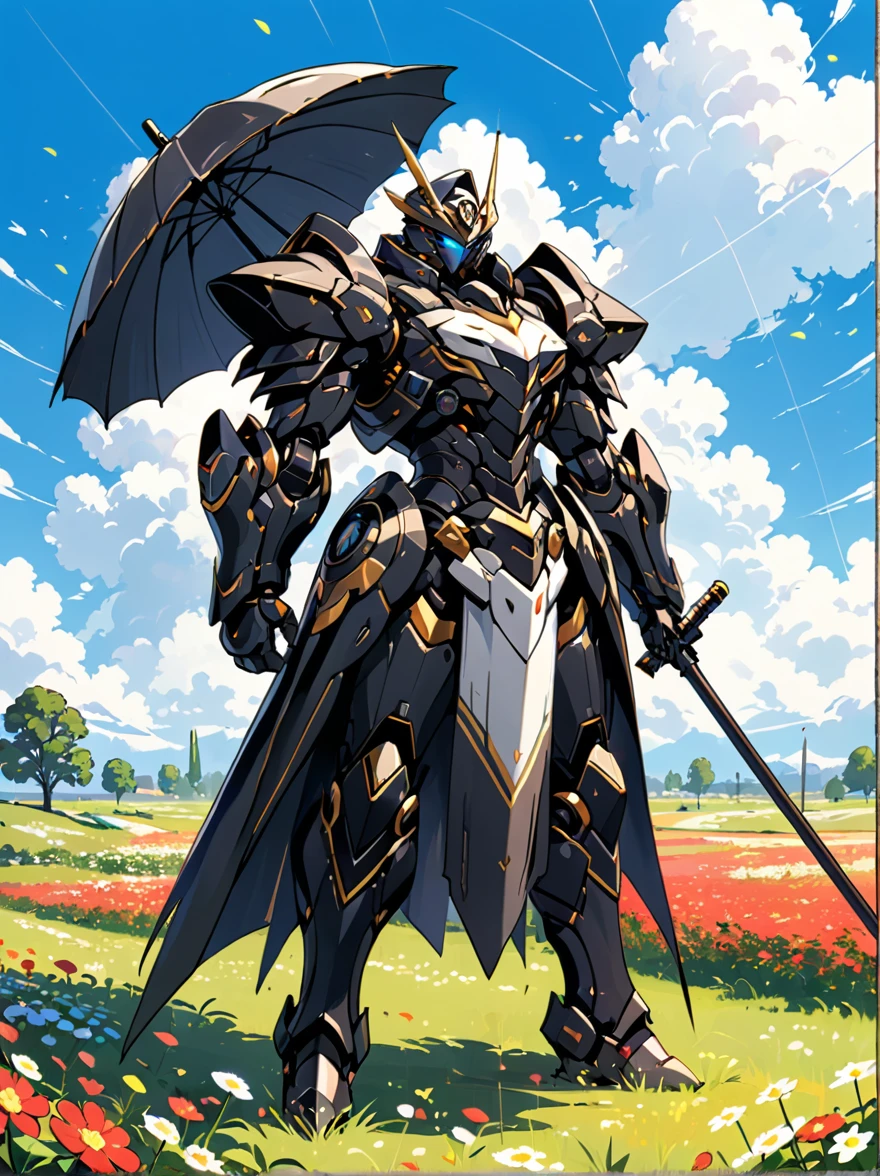 A black mech stands on a meadow full of flowers，Holding an umbrella，Lower your head，The whole scene looks dilapidated.，Loneliness，War