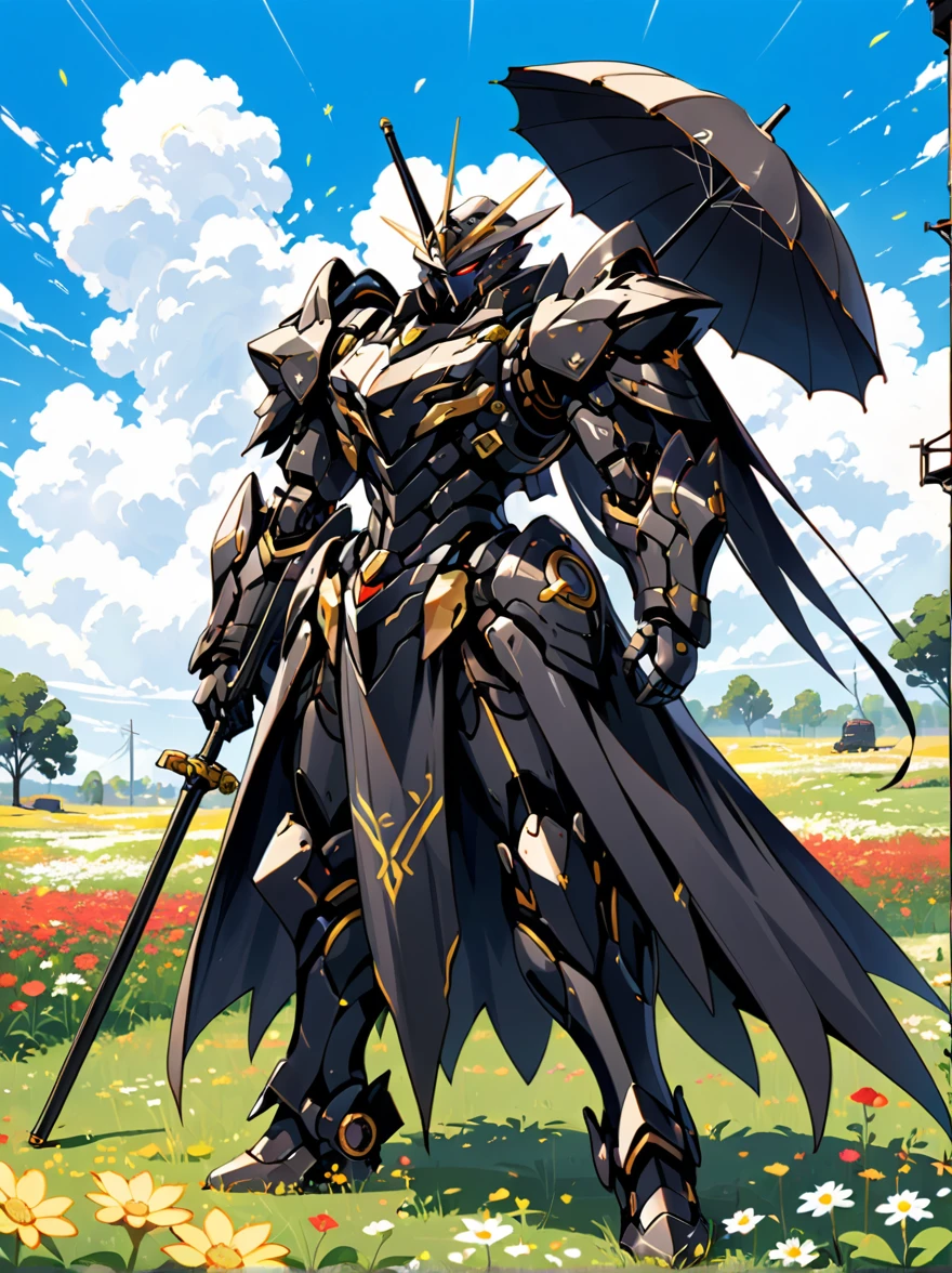 A black mech stands on a meadow full of flowers，Holding an umbrella，Lower your head，The whole scene looks dilapidated.，Loneliness，War