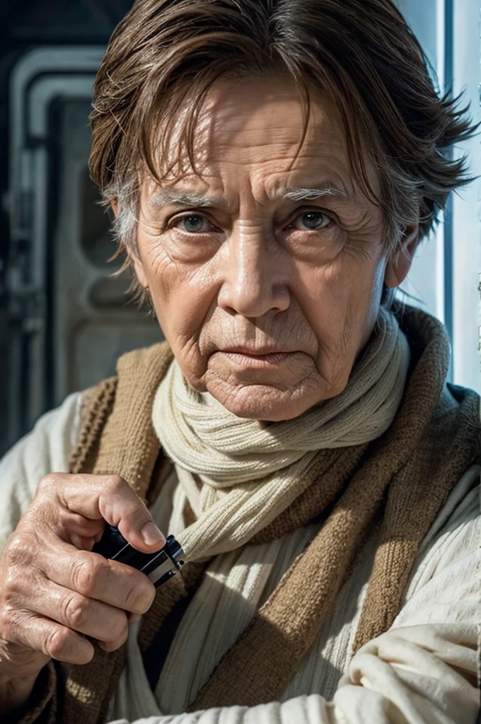 An aged, retired, deified Rey, like Luke Skywalker from Star Wars.