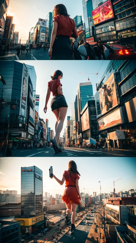The giant girl wields a hammer and destroys the city,Girl sitting on a building,A giant woman in a lying on top of a cyberpunk city, Wear short skirts,Little guys running around the giant girl,The little person panicked and ran away,Many cars pass by, Standing on her hand, cgsociety 9, 2. 5 d cgi fantasy art, engine rendering unreal + a goddess, full body cgsociety, artgerm ; Hyper realistic 3d content, giant art, super detailed 3d matte paintings, super detailed 3d matte paintings, realistic fantasy art, realistic 3 d anime style. Beautiful girl. Big thighs."The boy stood on the top of a high-rise building waving to the girl". Color ultra 4k.The little person panicked and ran away.Giant attack.Shibuya,tokyo.