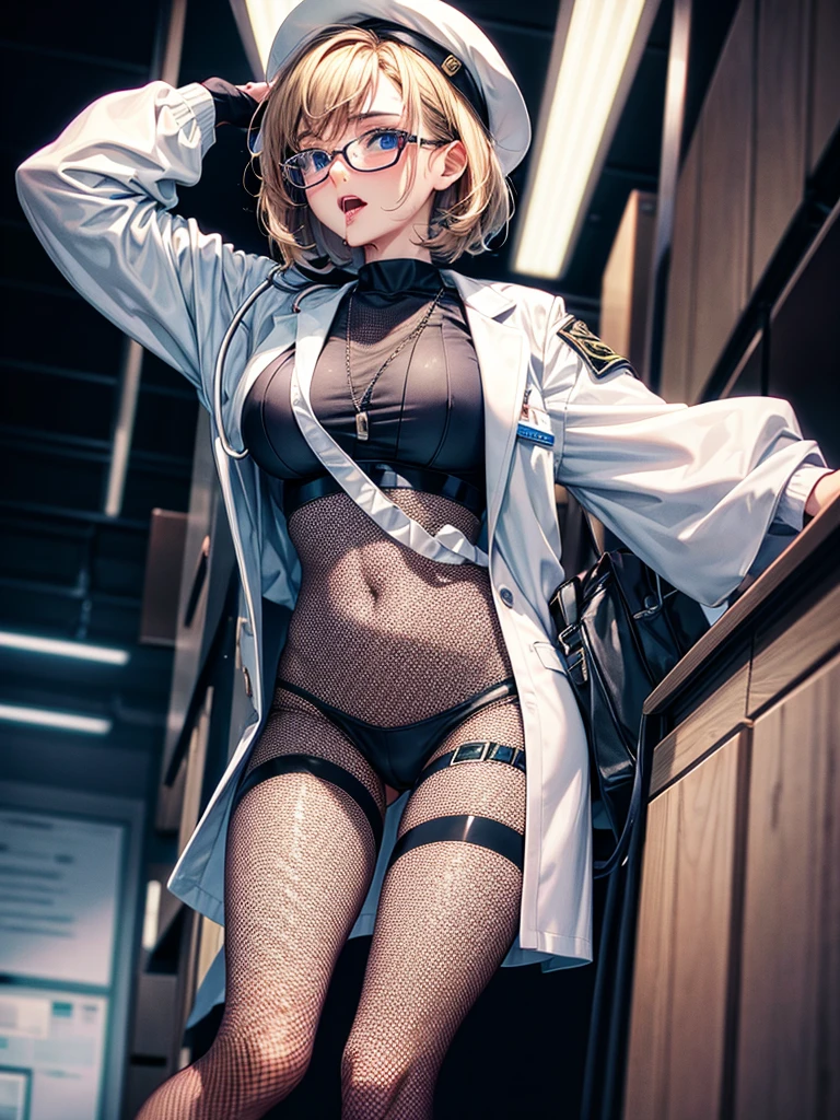 Highest quality,Highest Resolution,Glasses,Doctor,Female doctor,Fishnet tights,Drooling,saliva,White,