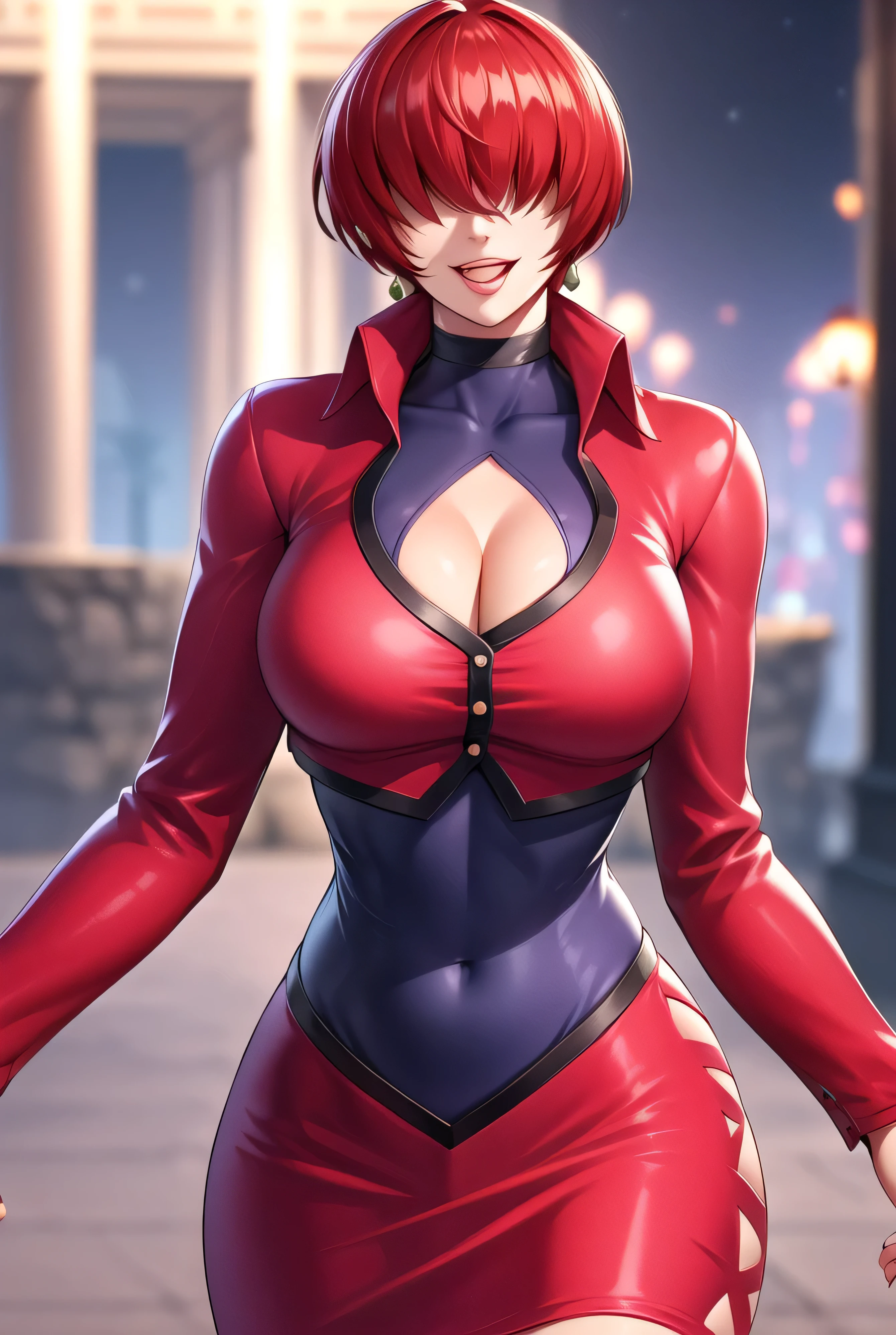 ,
Red outfit,Red jacket,choker, cleavage cutout, clothing cutout, 
earrings,
Red hair,bangs,((hair over eyes)),
1 girl, 20yo,Young female,Beautiful Finger,Beautiful long legs,Beautiful body,Beautiful Nose,Beautiful character design, evil face,
looking at viewer,(Focus on her face),open mouth,too evil_Smile,
official art,extremely detailed CG unity 8k wallpaper, perfect lighting,Colorful, Bright_Front_face_Lighting,shiny skin,
(masterpiece:1.0),(best_quality:1.0), ultra high res,4K,ultra-detailed,
photography, 8K, HDR, highres, absurdres:1.2, Kodak portra 400, film grain, blurry background, bokeh:1.2, lens flare, (vibrant_color:1.2),professional photograph,
(Beautiful,large_Breasts:1.4), (beautiful_face:1.5),(narrow_waist),conceitsmile worst,worst ridecule,evil moukery,conceit,hand on hip,upper body,two hand,