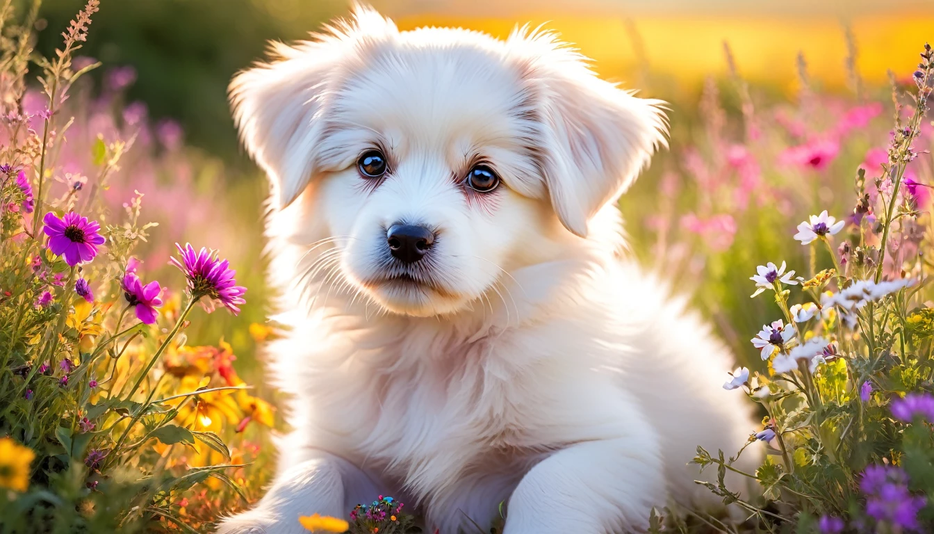 A fluffy white puppy with big brown eyes, sitting in a field of colorful wildflowers, basking in the warm sunlight.