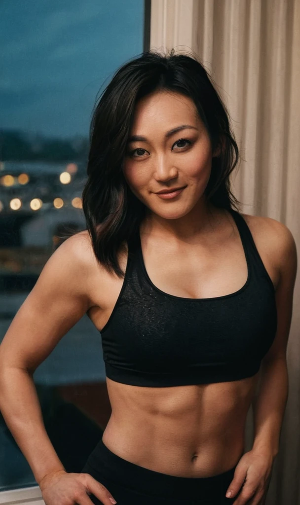 a beautiful picture of fukuharaXL ,woman,dark hair,detailed skin texture,masterpiece, photorealistic, light, RAW color photo,(fully in frame:1.1), (blush:0.5), (goosebumps:0.5),wearing a black sports bra an black leggins, detailed face,indoors, (smile:0.5), film grain,cinematic lightning,