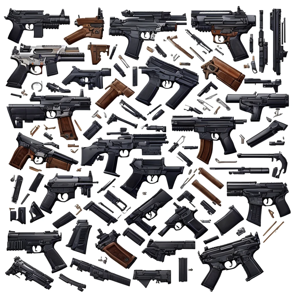 A number of handguns pointed sideways are depicted on a white background.、Game weapon design、Weapon Design、Pistol Design、Weapon concept art、Anime style firearms、weapons