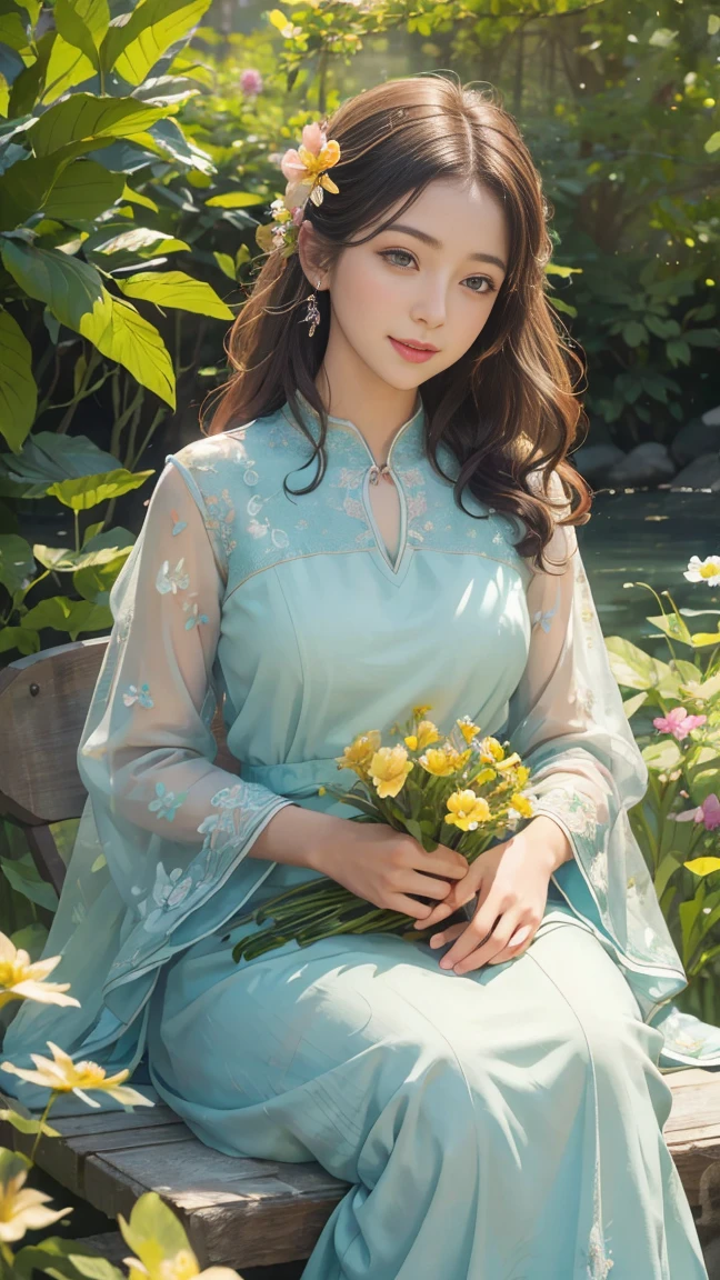 (High resolution,Vibrant colors,Realistic:1.2),One girl,Beautiful attention to detail,Beautiful lip detail,Bright flowers々blooming garden,Lush greenery,Soft sunlight,Serene atmosphere,Carefully crafted details,A variety of colorful flowers,Delicate petals,Dew on the leaves,Butterflies in the air,Peaceful atmosphere,Gentle breeze,Joyful expression on the girl&#39;s face,Happiness in her eyes. lingerie, Upskirt、Cowboy Shot