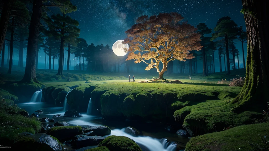 Room with a bed, a large window in its bedroom and a moonlit landscape, surreal, otherworldly, illustration of a supernatural scene depicting a huge crystal tree full body, highly detailed and magical lighting, beautiful moonlit night, intricate forest details, surrounding vegetation and river, solarpunk, landscape, huge tree, beautiful leaves with beautiful lighting and realistic proportions, like a movie background, 8k, top quality, masterpiece, sky with clouds and stars. A large moon in the background, a cinematic moonlit night with a stream flowing in that forest, mysterious and cinematic,the moonlight shines into the dim room.