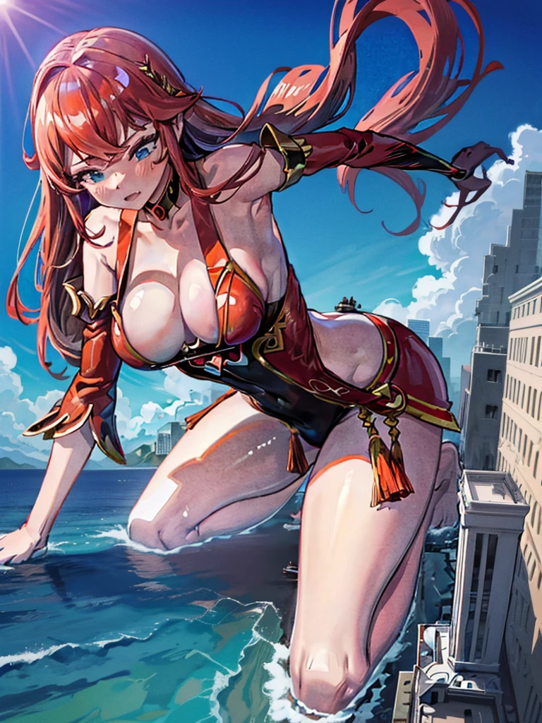Giantess appears from underwater in front of a giant cruise ship, the cruise ship looks very small in front of her because it is giant, she is naked, she has red hair and white skin, she has small breasts but very sexy legs and her body is very curvy. Goddess, Attack, giant, cruise ship, full naked, sexy, hot, ocean, in middle of the ocean, without buildings, High quality, Red hair, hottest, tall girl, sexy legs, monster girl, cruise ship, giant cruise, attacking, evil, mad, without clothes, hentai, xxx