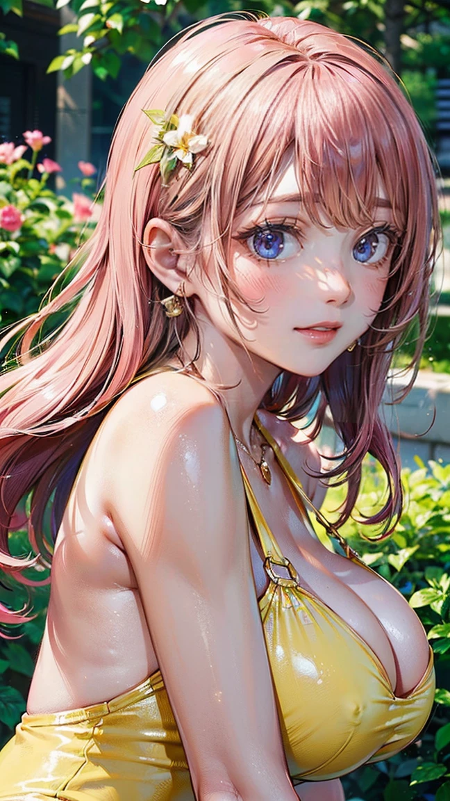 (Masterpiece, BestQuality:1.3), (ultra detailed:1.2), (hyperrealistic:1.3), (RAW photo:1.2), High detail RAW color photo, professional photograph, (Photorealistic:1.4), (realistic:1.4), professional lighting, perfect anatomy, (Big Breasts:1.2), (blush, detailed face), (cheerful Smile:1.5), Trending Hair&Trending Hairカラーをランダムに, earrings, necklace, bracelet, sexly, erotic sexly, Random sexy gravure poses, (A woman wearing a yellow one-piece dress、She is picking flowers in a summer garden and posing for sexy photos with a happy smile.。Straight pink hair swaying in the wind。:1.3)