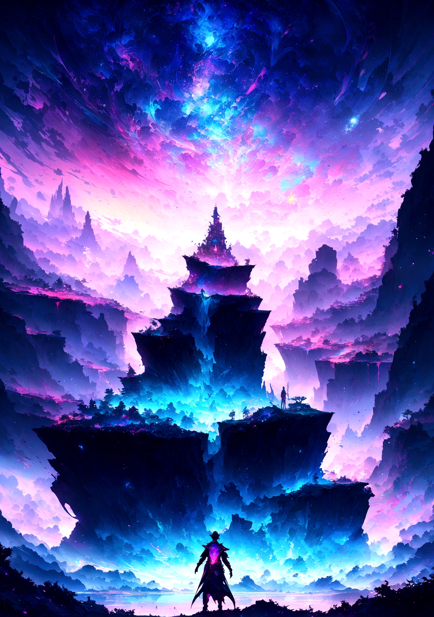 a man standing on a cliff looking at a starry sky, highly detailed digital art in 4k, Bela arte UHD 4K, 8k hd wallpaper digital art, Stunning 8k art, dreamy psychedelic anime, arstation e beeple altamente, masterpiece of artgem and beeple, detailed digital art in 4k, digital art 4k, 4k anime art wallpaper