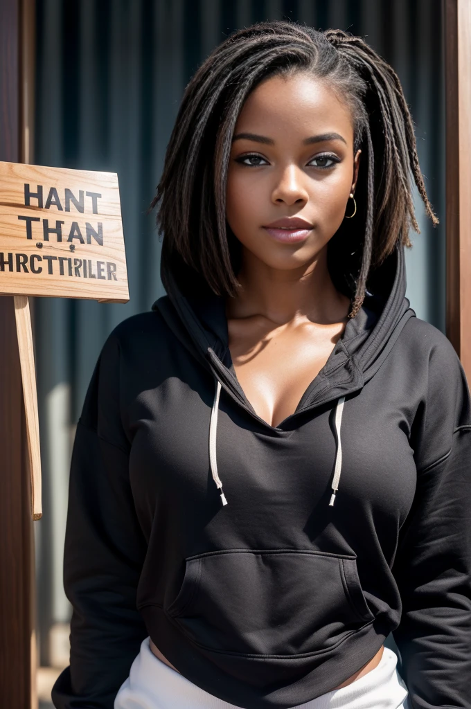 Photo professionnelle du corps entier, (Photo 4k:1.1), (mise au point nette:1.3), High detail, Métis woman, Elegant woman, ville, African Braided Hair, Coupe afro, Pose of the Instagram model, confiant, gros seins:1.2, anatomie parfaite, Perfect symmetry:1.2, Realstic, realistic face:1.2, visage parfait, contenu, confiant, highly detailed, et dramatique, lighting cinematic, Lighting scene, soft lights. (((black hoodie))), (smiling), (((holding up a small sign in front of her))), (((SFW))), (((front view))),(((holding up a sign in front of her))),(((front view))),(((holding up a sign in front of her))) , (((holding up a sign in front of her))) ,(((front view)))