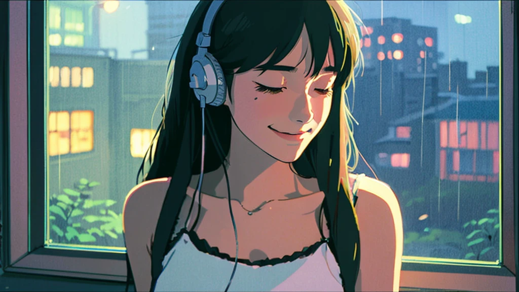 night、Girl listening to music in a cozy room, Use headphones, 2D Style Anime, Rain outside the window、Analog Color Theme、Ghibli style、neon, close up, detailed background, chill, rain outdoor, detailed face, smile, long hair, large breast, crop top, crop, city light, bare shoulder, detailed armpit, cleveage