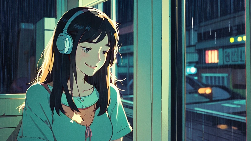 night、Girl listening to music in a cozy room, Use headphones, 2D Style Anime,  Rain outside the window、Analog Color Theme、Ghibli style、neon, close up, detailed background, chill, rain outdoor, detailed face, smile, long hair, large breast, crop top, crop, city light, bare shoulder, detailed armpit, cleveage