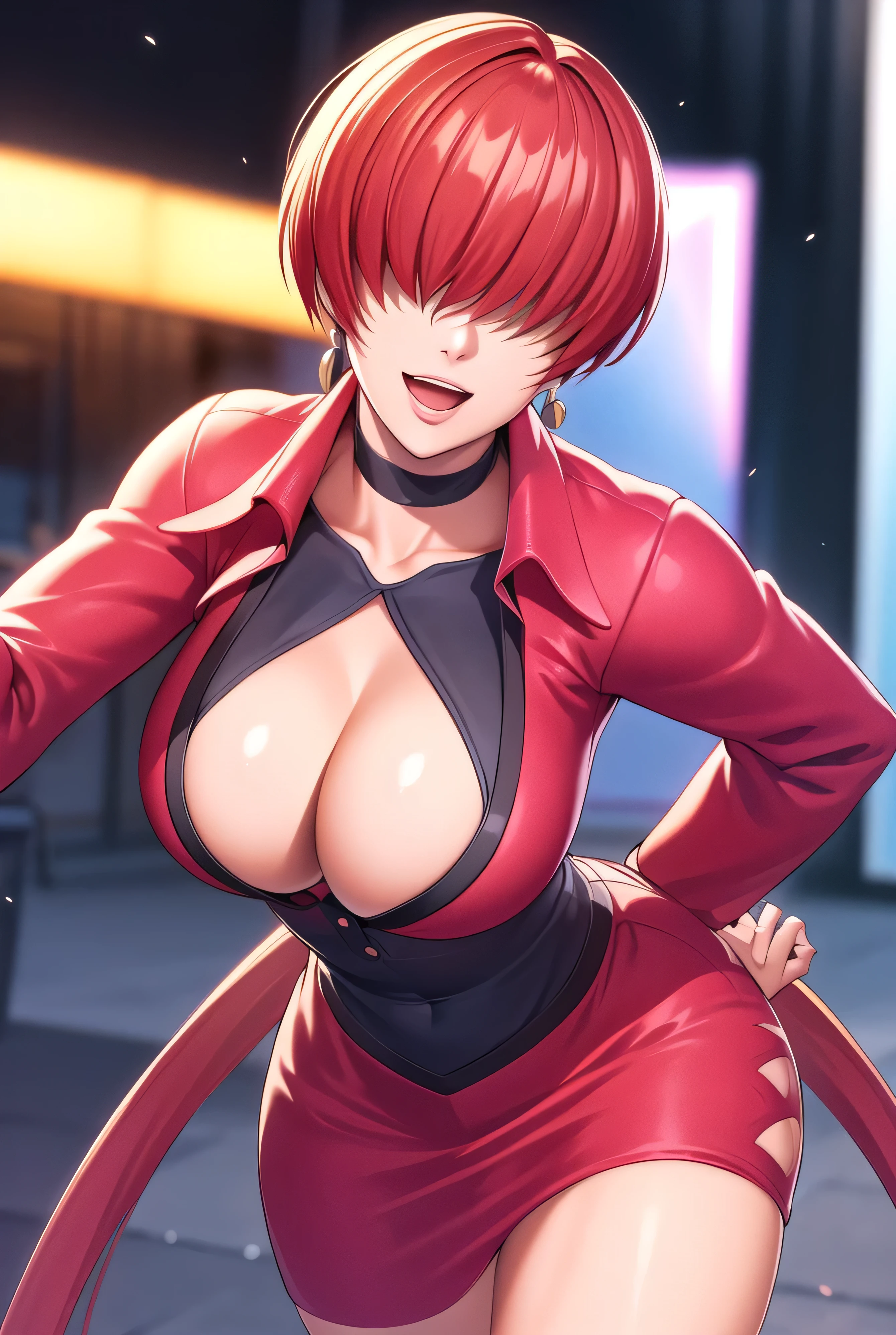,
Red outfit,Red jacket,choker, cleavage cutout, clothing cutout,
earrings,
Red hair,bangs,((hair over eyes)),
1 girl, 20yo,Young female,Beautiful Finger,Beautiful long legs,Beautiful body,Beautiful Nose,Beautiful character design, evil face,
looking at viewer,(Focus on her face),open mouth,too evil_Smile,
official art,extremely detailed CG unity 8k wallpaper, perfect lighting,Colorful, Bright_Front_face_Lighting,shiny skin,
(masterpiece:1.0),(best_quality:1.0), ultra high res,4K,ultra-detailed,
photography, 8K, HDR, highres, absurdres:1.2, Kodak portra 400, film grain, blurry background, bokeh:1.2, lens flare, (vibrant_color:1.2),professional photograph,
(Beautiful,large_Breasts:1.4), (beautiful_face:1.5),(narrow_waist),conceitsmile worst,worst ridecule,evil moukery,conceit,hand on hip,upper body,two hand,
