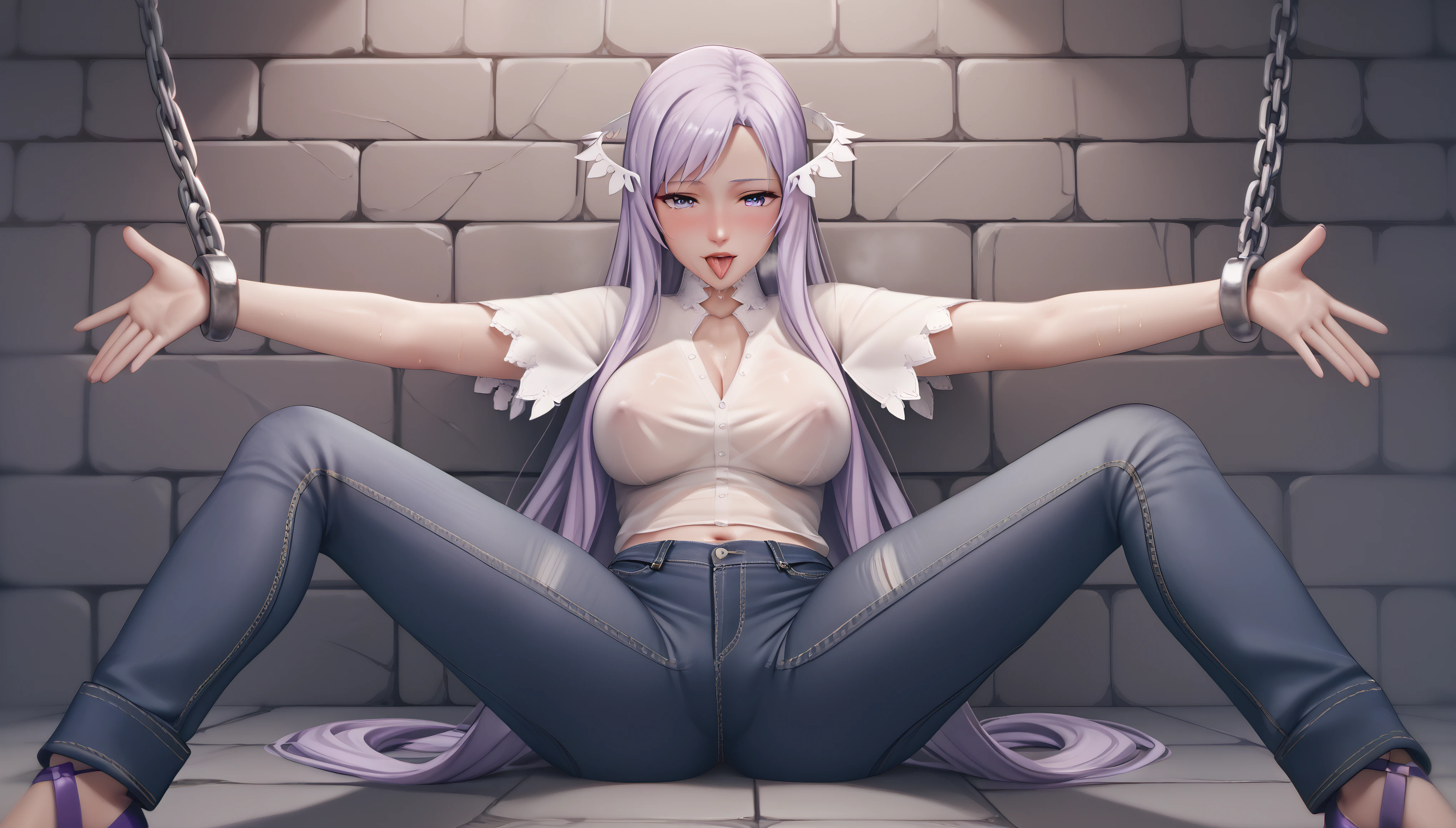 score_9, score_8_up, score_7_up, score_6_up, uncensored, quinella, absurdly long hair, purple eyes, long hair, parted bangs, tongue out, saliva, purple hair, very long hair, hair ornament, horny face, blush face, lips, naughty face, shiny skin, sweating, steaming body, saliva, curvy, voluptuous, heavy breathing, large breasts, detailed body, detailed eyes, w-w-chain, spread arms, messy hair, white shirt, jeans pants, dungeon, best quality, best res, 4K UHD,