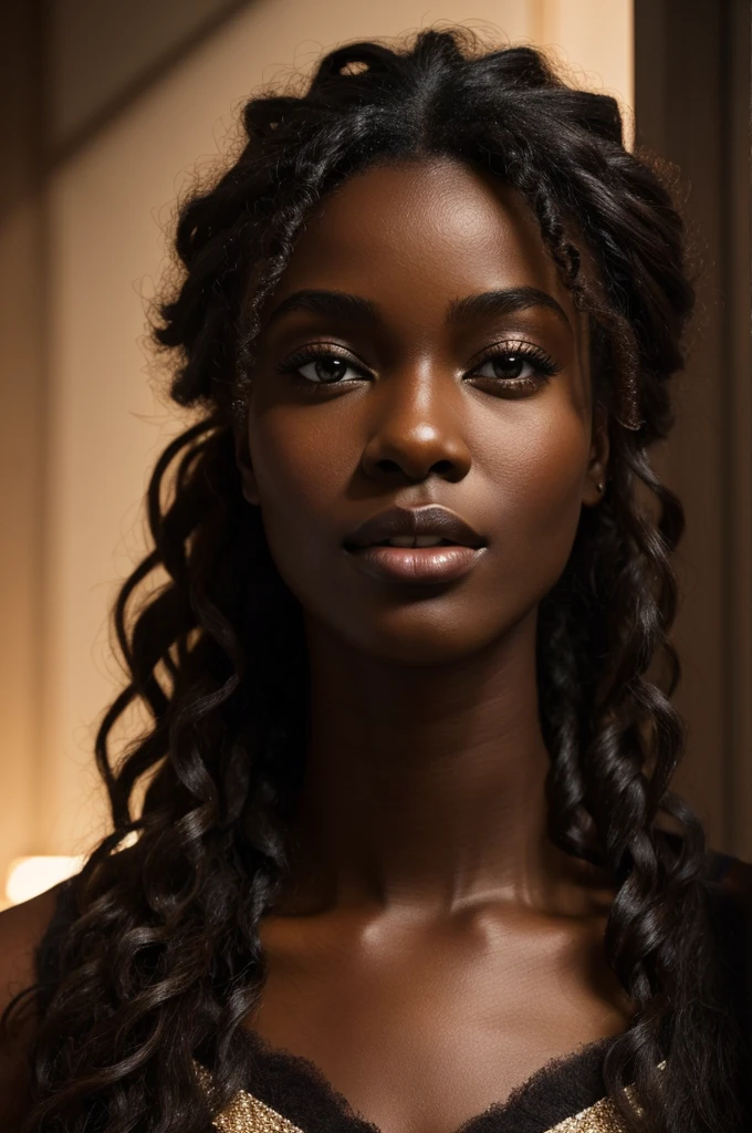 Perfect beauty: Highly detailed face and masterpiece, best quality, soft lighting, absurdres, 1girl, solo focus, Gorgeous, beautiful dark skinned, black woman fit, slim with chocolate, brown skin, curl long black hair she is