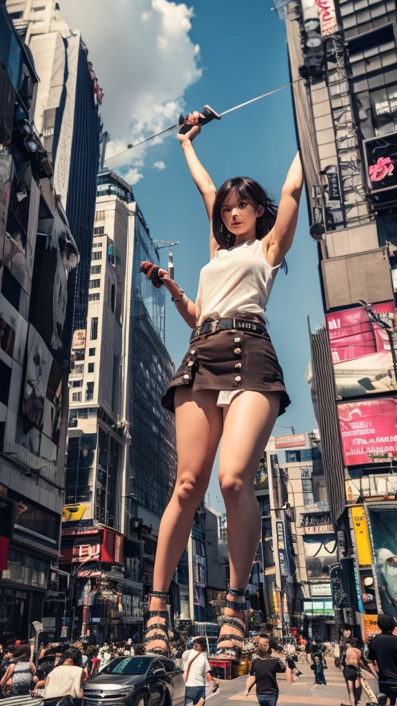 The giant girl wields a hammer and destroys the city,Girl sitting on a building,A giant woman in a lying on top of a cyberpunk city, Wear short skirts,Little guys running around the giant girl,The little person panicked and ran away,Many cars pass by, Standing on her hand, cgsociety 9, 2. 5 d cgi fantasy art, engine rendering unreal + a goddess, full body cgsociety, artgerm ; Hyper realistic 3d content, giant art, super detailed 3d matte paintings, super detailed 3d matte paintings, realistic fantasy art, realistic 3 d anime style. Beautiful girl. Big thighs."The boy stood on the top of a high-rise building waving to the girl". Color ultra 4k.The little person panicked and ran away.Giant attack.Shibuya,tokyo.