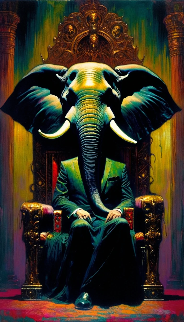 elephant head, human body, sits on his throne with evil look, luxurious and dark palace, horror tones (art inspired in Bill Sienkiewicz). oil painting)