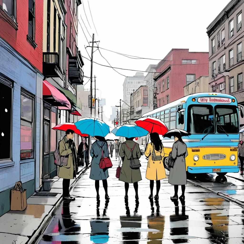 Buckshot、Four people holding umbrellas、On the sidewalk、In the background, a bus is parked right in front of it.、