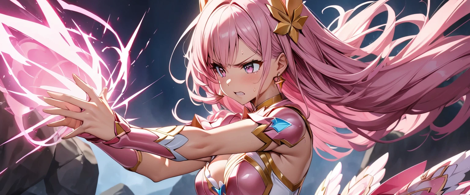 (Perfect Anatomy)、Mastepiece、Ultra High Quality、 8K、masterpiece、Highest quality、Ultra-high resolution、Maximum resolution、Very detailed、Professional Lighting、anime、woman、thin、so beautiful、Highly detailed eye、Highly detailed face、Golden earrings、Pink Hair,、Pink eyes, upper arm pink armor, white leotard, pink pattern, whole body, magical girl, Angel Girl, fighting pose, (((shoot magic from your hands))), sweat, magic attack, (fight multiple golem1.3), angry, From the side