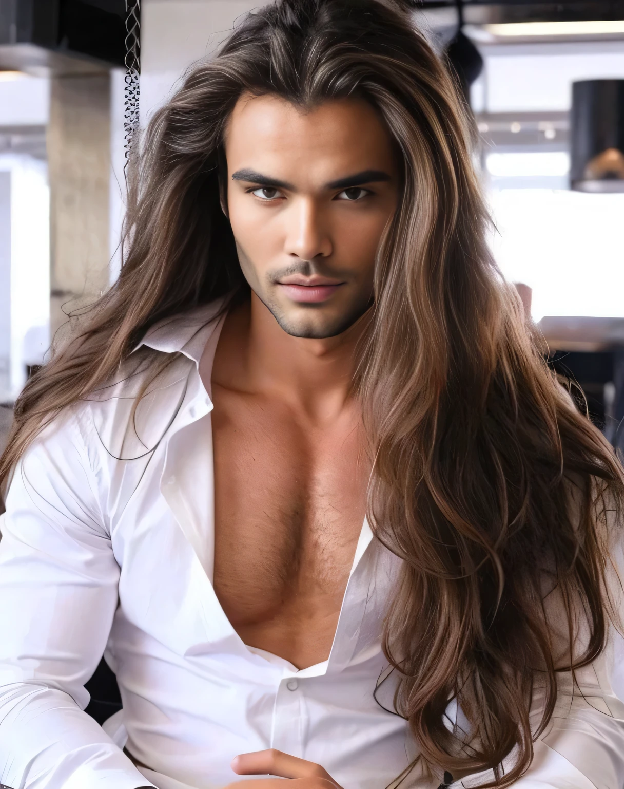 man with long hair sitting on a chair with a laptop, appealing long hair, man with long hair, with long hair, extremely long hair, very long and unkempt hair, long hairstyle, very long flowing hair, face detailed, square jawline, attractive male model, long brown wavy hair, mid long hair, long messy hair, long flowing brown hair, large eyes and flowing long hair, Giulio Berruti 8k