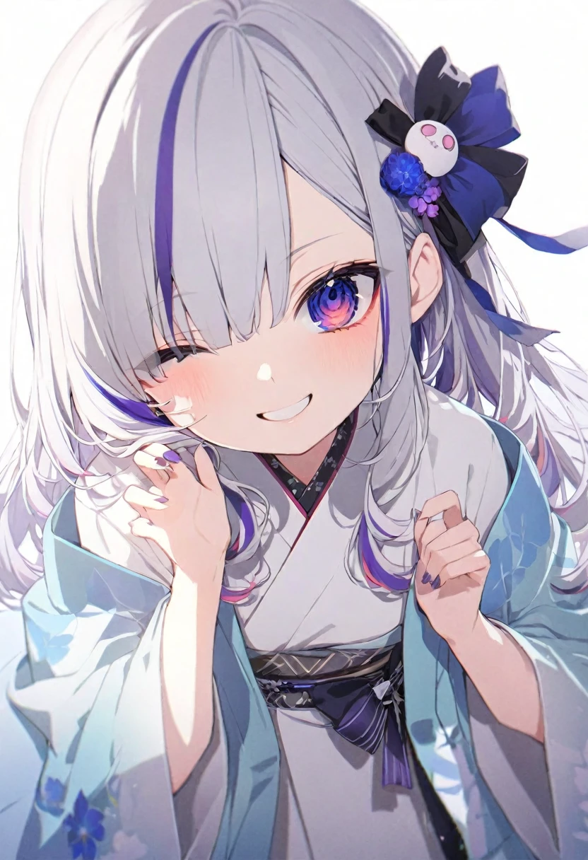(muste piece), (best quality), very detailed eyes, expressive eyes, perfect face, very detailed face, highly detailed face, beautiful girl, 8K, beautiful girl, white background background, delicate and beautiful face and eyes, dark intense shadow, 
1 girl, vtuber style, cool girl, hololive, amane kanata, streaked hair, Gorgeous kimono, wearing Haori, japanese hair accessories, small chest, one eye close winking, smile, body visible through clothes, chest visible through clothes, (full body), looking at viewer, standing,