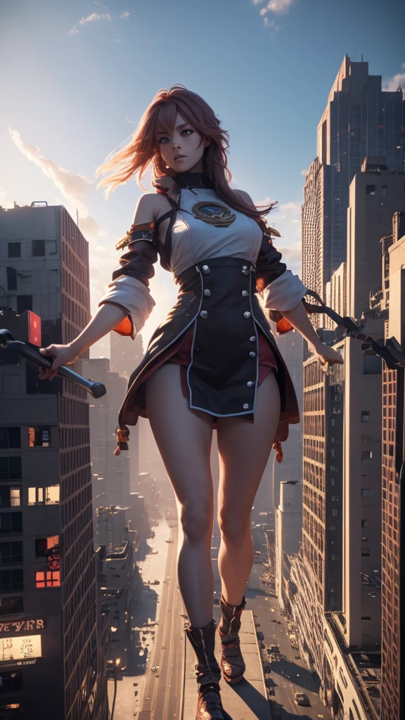The giant girl wields a hammer and destroys the city,Girl sitting on a building,A giant woman in a lying on top of a cyberpunk city, Wear short skirts,Little guys running around the giant girl,The little person panicked and ran away,Many cars pass by, Standing on her hand, cgsociety 9, 2. 5 d cgi fantasy art, engine rendering unreal + a goddess, full body cgsociety, artgerm ; Hyper realistic 3d content, giant art, super detailed 3d matte paintings, super detailed 3d matte paintings, realistic fantasy art, realistic 3 d anime style. Beautiful girl. Big thighs."The boy stood on the top of a high-rise building waving to the girl". Color ultra 4k.The little person panicked and ran away.Giant attack.