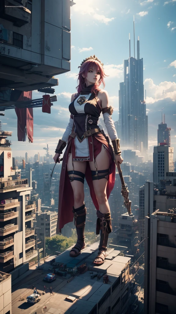 The giant girl wields a hammer and destroys the city,Girl sitting on a building,A giant woman in a lying on top of a cyberpunk city, Wear short skirts,Little guys running around the giant girl,The little person panicked and ran away,Many cars pass by, Standing on her hand, cgsociety 9, 2. 5 d cgi fantasy art, engine rendering unreal + a goddess, full body cgsociety, artgerm ; Hyper realistic 3d content, giant art, super detailed 3d matte paintings, super detailed 3d matte paintings, realistic fantasy art, realistic 3 d anime style. Beautiful girl. Big thighs."The boy stood on the top of a high-rise building waving to the girl". Color ultra 4k.The little person panicked and ran away.Giant attack.